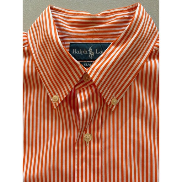 Ralph Lauren Classic Fit Orange White Stripe Long Sleeve Button Down Green Pony - Picture 2 of 16